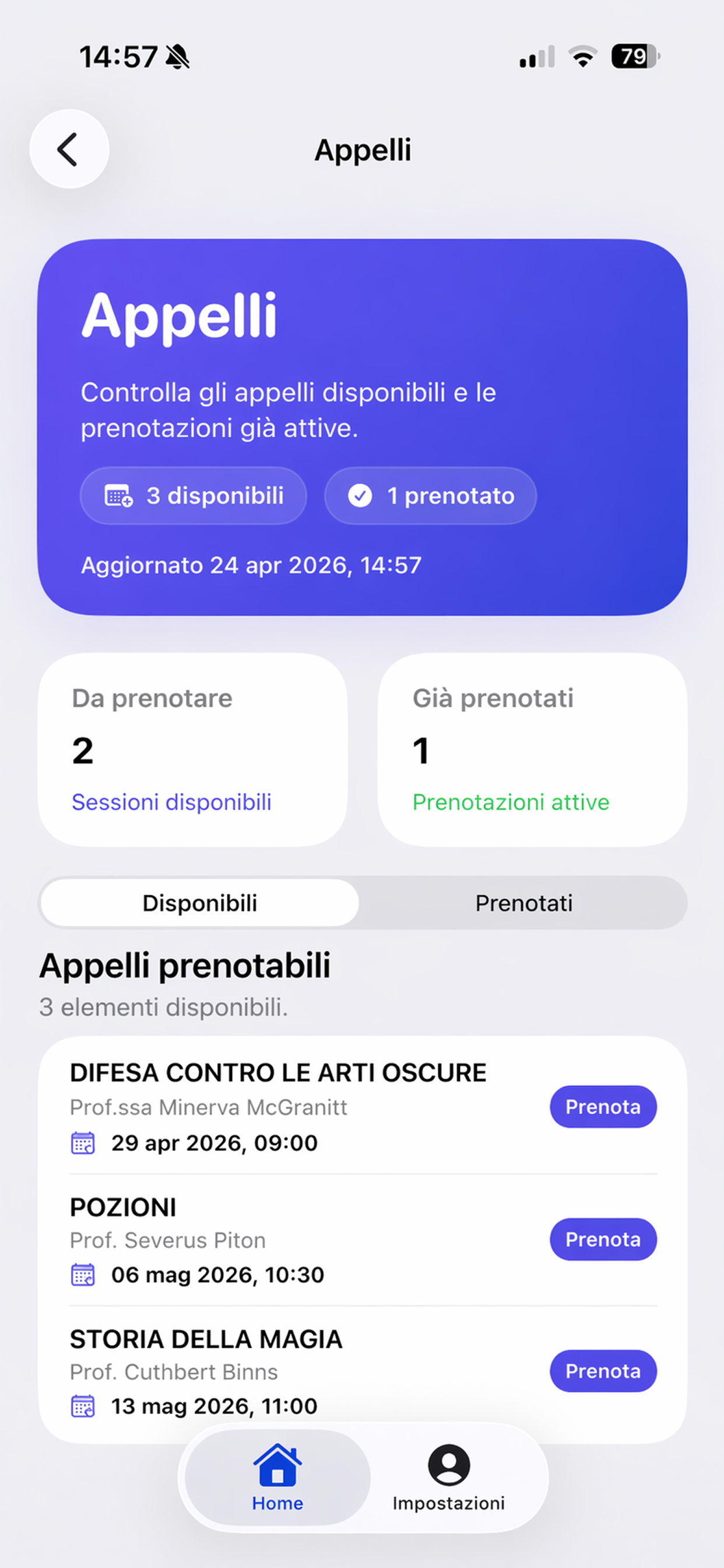 Appelli prenotabili nell'app Campus