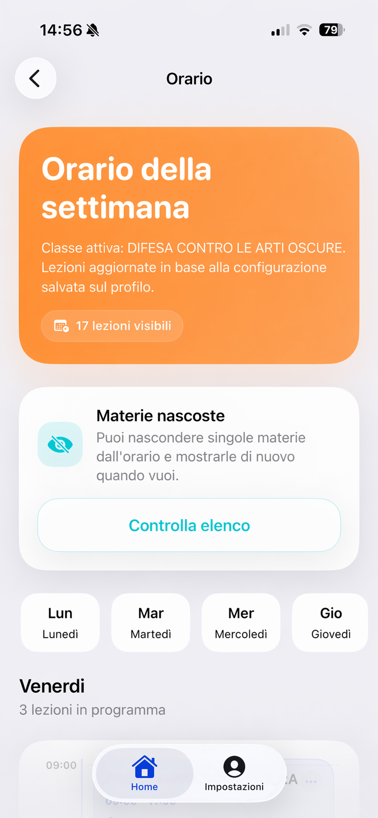 Orario della settimana nell'app Campus
