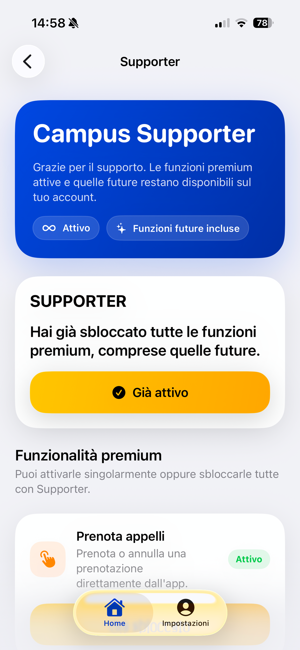 Schermata Supporter di Campus